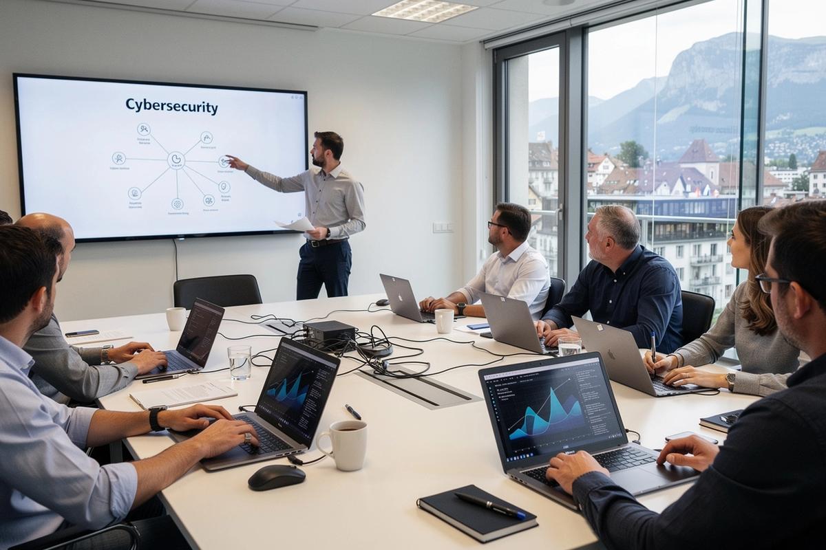 Team training session focused on practical cybersecurity skills for Swiss businesses